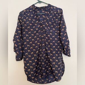 Navy Blouse with Tan Dog Print